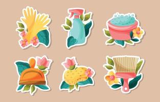 lenteschoonmaak doodle sticker collectie met bloem en gebladerte vector