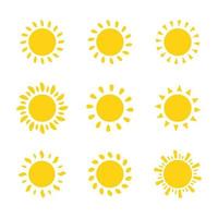 vector cartoon gele zon schijnt lichtstralen om de zomer te verwarmen. geïsoleerd op een witte achtergrond.