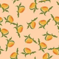 mango patroon. fruit naadloos patroon. rijp geel mangogeheel met bladeren op een roze achtergrond. illustratie voor stof, wallpapers, posters. vector