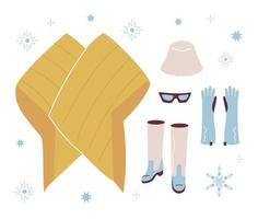 set trendy winter gekleed. donsjack kimono, panama hoed, handschoenen, bril, laarzen. moderne kleding voor de lente, herfst of winter. vectorillustratie in vlakke stijl geïsoleerd op een witte achtergrond vector