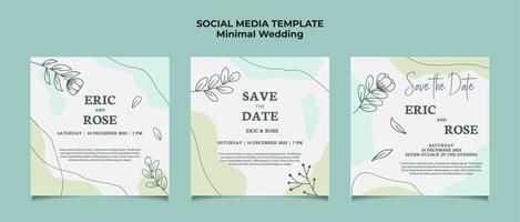 minimale bruiloft uitnodiging social media post sjabloon met bloemen frame lijntekeningen hand getekende blad en bloem vector