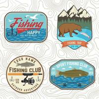 set van vissen patch. vector. concept voor shirt of logo, print, stempel, tee, patch. vintage typografieontwerp met rivier, regenboogforel, beer en bergsilhouet. vector