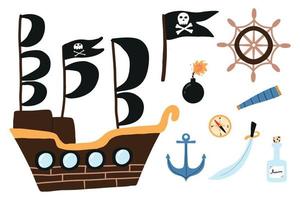 vectorillustratie van piraat accessoires. vector set piraten accessoires. piratenschip, rum, vlag, stuur, zwaard.