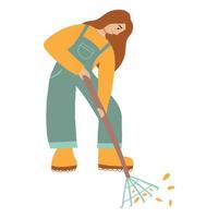 vectorillustratie van een meisje dat bladeren verzamelt met een hark. concept van tuinieren. vector