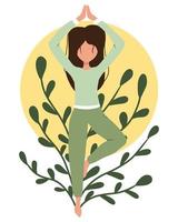 de vrouw zit in de lotushouding. ik doe yoga. jonge vrouw in yoga pose doet meditatie, mindfulness beoefening, spirituele discipline thuis. vector
