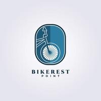 fietsenwinkel, reparatiewerkplaats, ontwerp van de het embleem vectorillustratie van de fietsrust in embleem van het kentekenschild, fietspunt vector