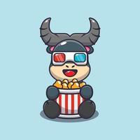 schattige buffel mascotte cartoon afbeelding eten popcorn en kijken naar 3D-film vector