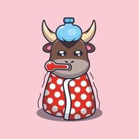 schattige stier zieke mascotte cartoon afbeelding vector