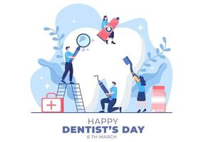 wereld tandarts dag met tand en tandheelkunde om gaatjes en gezondheidszorg te voorkomen in platte cartoon achtergrond afbeelding geschikt voor poster of banner vector