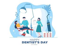 wereld tandarts dag met tandheelkunde en patiënt in fauteuil in platte cartoon achtergrond afbeelding geschikt voor poster of banner vector