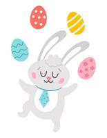 vector paashaas pictogram. konijn jongleren met gekleurde eieren geïsoleerd op een witte achtergrond. wenskaartsjabloon met schattig schattig dier voor kinderen. grappige lentehaas met gesloten ogen.