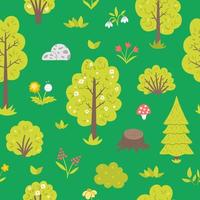vector naadloos patroon met tuin of bos bomen, planten, struiken, struiken, bloemen. platte lente bos of boerderij groene herhalende achtergrond. natuurlijk groen digitaal papier