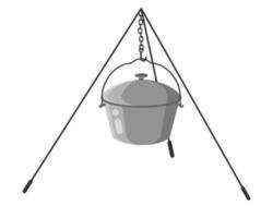 militaire soldaat metalen camping pot of puinhoop kit met statief om te koken. toeristische uitrusting voor kamperen en toerisme. vector