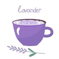 lavendelkoffie in een lila mok. vectorillustratie geïsoleerd. voor een ontwerp of een ansichtkaart vector