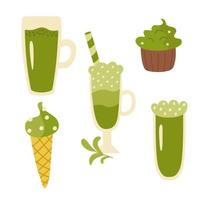 drankjes en snoep met matcha groene thee in poedervorm. ijs, cupcakes, lattes, cocktails. vectorillustratie geïsoleerd. voor ansichtkaart, design decor vector