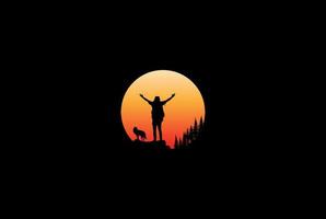 zonsondergang zonsopgang man klimmen op de bergtop met wolf hond en dennen ceder groenblijvende spar bos logo ontwerp vector