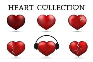 rode hart collecties. set van zes realistische harten geïsoleerd op een witte achtergrond. 3D-pictogrammen. Valentijnsdag vectorillustratie. liefdesverhaal symbool. gemakkelijk te bewerken ontwerpsjabloon. vector