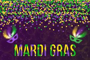 mardi gras carnaval vectorillustratie met groene, paarse en gele confetti en masker op donkere achtergrond. eenvoudig te bewerken ontwerpsjabloon voor uw projecten. vector