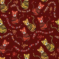 naadloos gelukkig chinees nieuwjaar op rode patroonachtergrond met krabbeltijger, nieuwjaarskaart vector