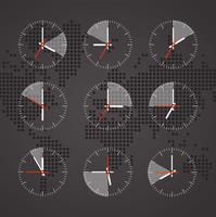 Beeld van een klok op een achtergrondkaart van de wereld met continenten donkere tonen vector
