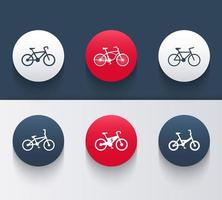 fietspictogrammen, fietspictogram, fietsen, fietspictogram, retro fiets, elektrische fiets, platte ronde pictogrammen in rood en blauw, vector