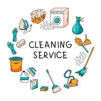 schoonmaak dienstverleningsconcept. set van geïsoleerde hand getrokken huis en kantoor schoonmaak artikelen. dweilen, sponzen, strijkijzer, wasmachine, stoffer, wasmiddelen, emmer en handschoenen vector