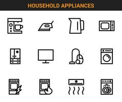 huishoudelijke apparaten lineaire pictogramserie. bevat pictogrammen zoals koffiezetapparaat, strijkijzer, waterkoker, magnetron, koelkast, stofzuiger, vaatwasser en anderen. vector