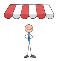 stickman zakenman is onder de luifel van de winkel en is blij, met de hand getekende schets cartoon vectorillustratie vector