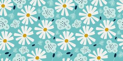 kamille naadloze patroon met bloemen in Scandinavische stijl. madeliefjebloemen met paardebloem en eenvoudige bloem op blauwe achtergrond voor kinderontwerpen. platte vectorillustratie vector