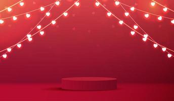 gelukkige Valentijnsdag en podiumpodium versierd met hartvormige verlichting. voetstukscène met voor product, cosmetica, reclame, show, prijsuitreiking, op rode achtergrond. vector ontwerp