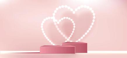 gelukkige Valentijnsdag en podiumpodium versierd met hartvormige verlichting. voetstukscène met voor product, cosmetica, reclame, show, prijsuitreiking, op roze achtergrond. vector ontwerp