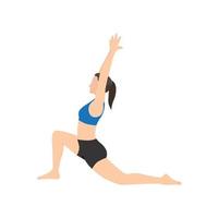 vrouw doet low lunge pose anjaneyasana oefening. platte vectorillustratie geïsoleerd op een witte achtergrond vector
