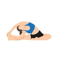 vrouw doet gedraaide hoofd tot knie pose parivrtta janu sirsasana oefening. platte vectorillustratie geïsoleerd op een witte achtergrond vector