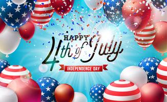 4 juli Independence Day van de VS Vector Illustratie. Vierde juli Amerikaanse nationale viering ontwerp met kleurrijke luchtballon en typografie brief op vallende confetti achtergrond