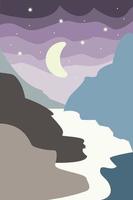 abstracte landschapsscène. minimalistische heldere bergen in boho-stijl, rivier 's nachts om af te drukken, uitnodigingskaart, banners van reisbureaus, kaarten. vector illustratie