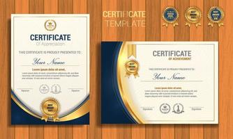 certificaat van waardering sjabloon, goud en blauwe kleur. schoon modern certificaat met gouden badge. certificaatrandsjabloon met luxe en modern lijnpatroon. diploma vector sjabloon