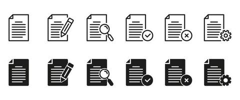 set van bestanden pictogram. office paper pagina's collectie zwarte lijn en silhouet iconen. zakelijke documenten symbool met potlood, versnelling, vergrootglas. geïsoleerde vectorillustratie. vector