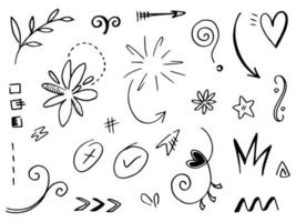 abstracte pijlen, linten, kronen, harten, explosies en andere elementen in de hand getekende stijl voor conceptontwerp. doodle illustratie. vectorsjabloon voor decoratie vector