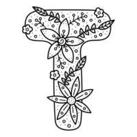 bloemen alfabet. kleurloze doodle letter t. kleurboek voor volwassenen en kinderen. vector