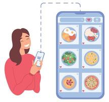 online eten bestellen. vrouw online winkelen met telefoon. blijf thuis. platte vectorillustratie op een witte achtergrond. vector