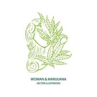 vrouw met marihuanabladeren, cannabis logo-ontwerp, groen logo, vectorillustratie. vector