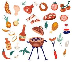 barbecue. bbq party, grill of picknick. collectie van barbecue apparatuur, grill, spies, worstjes, kruiden, kip en vlees, groenten en saus geïsoleerd op wit. vector illustratie
