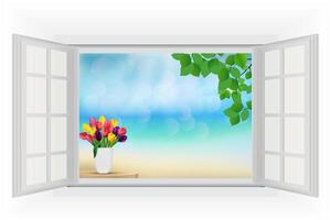 open raam met tulpenbloemen en blad in regenboogkleuren in een wit glas op het strand vector