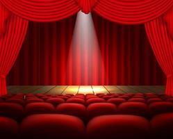 een theaterpodium met een rood gordijn, stoelen en een spotlight vector