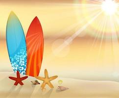 zonsondergang strand met surfplanken vector