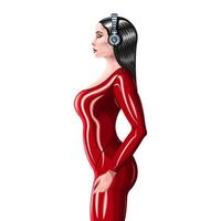 dj vrouw in rood latex pak geïsoleerde witte achtergrond vector