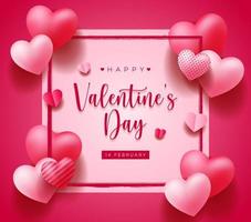 mooie happy Valentijnsdag roze achtergrond met realistische 3D-harten frame ontwerp voor wenskaart, poster, banner. vectorillustratie. vector