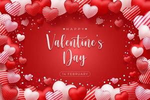 mooie happy Valentijnsdag rode achtergrond met realistische 3D-harten frame ontwerp voor wenskaart, poster, banner. vectorillustratie. vector