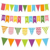 happy easter bunting, witte achtergrond. bunting vlaggen met inscriptie vrolijk pasen. paaselementen, kleurrijke gors voor vakantiedecoratie. sjablonen voor scrapbooking vector