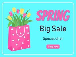 lente grote verkoop kaart met roze en gele tulpen in een pakket. sjabloon voor ansichtkaart, poster, coupon, promotiemateriaal, banner, flyer, uitnodiging, brochure, voucherkorting. vector